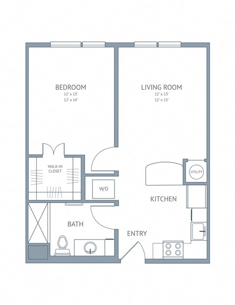 Floor plan for 1 bed, 1 bath, 598 sqft